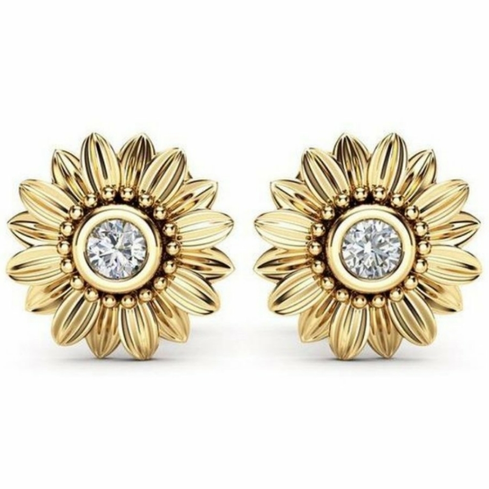 NEW 18k Yellow Gold Sunflower Diamond Earrings